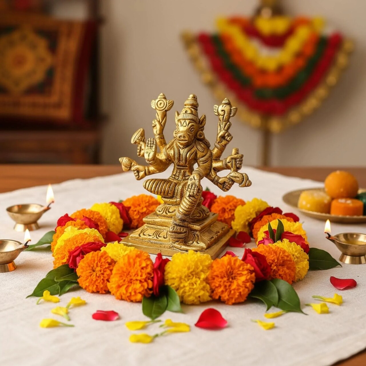 Brass Varahi Devi Statue Hindu Goddess Deity Matrikas Dandini Varahi Amman Idol for Pooja Room Home Temple Lord Vishnu’s Varaha Avatar - Housewarming Navaratri Gift (3 Inches)